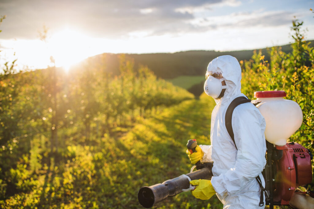 Treating an orchard at sunset