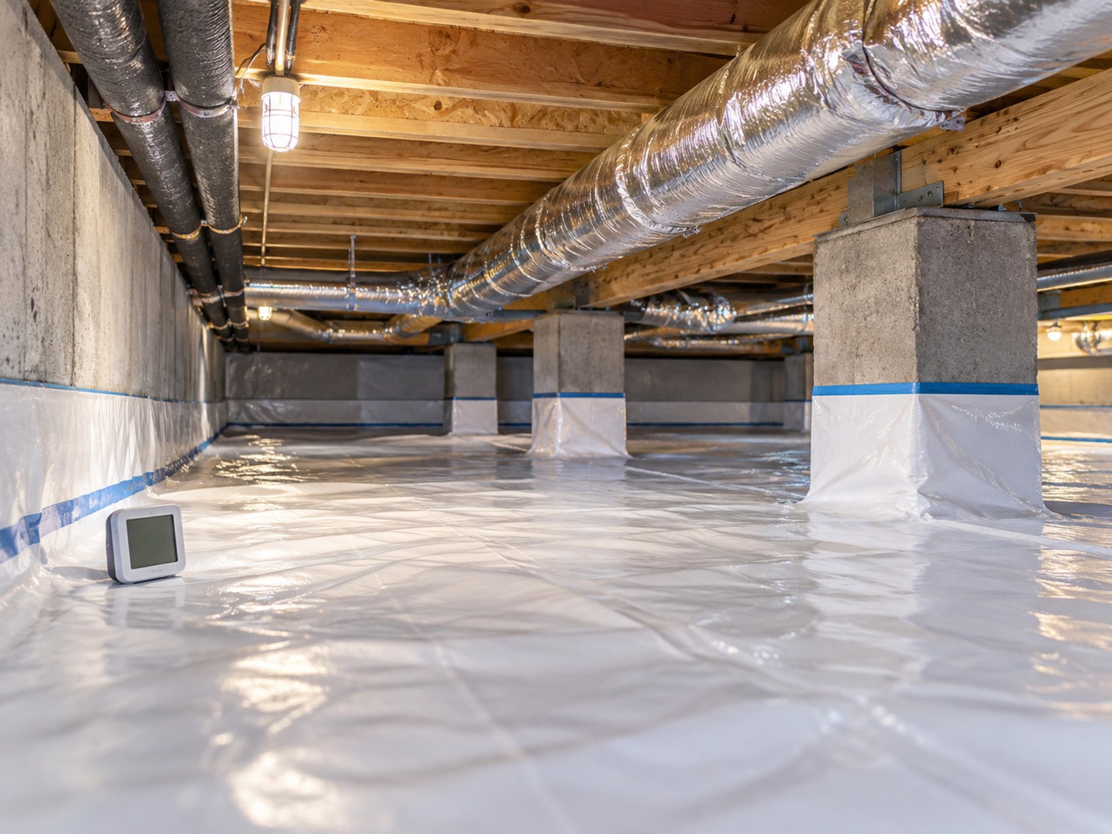 Encapsulated crawl space with a sealed vapor barrier over the floor and piers.